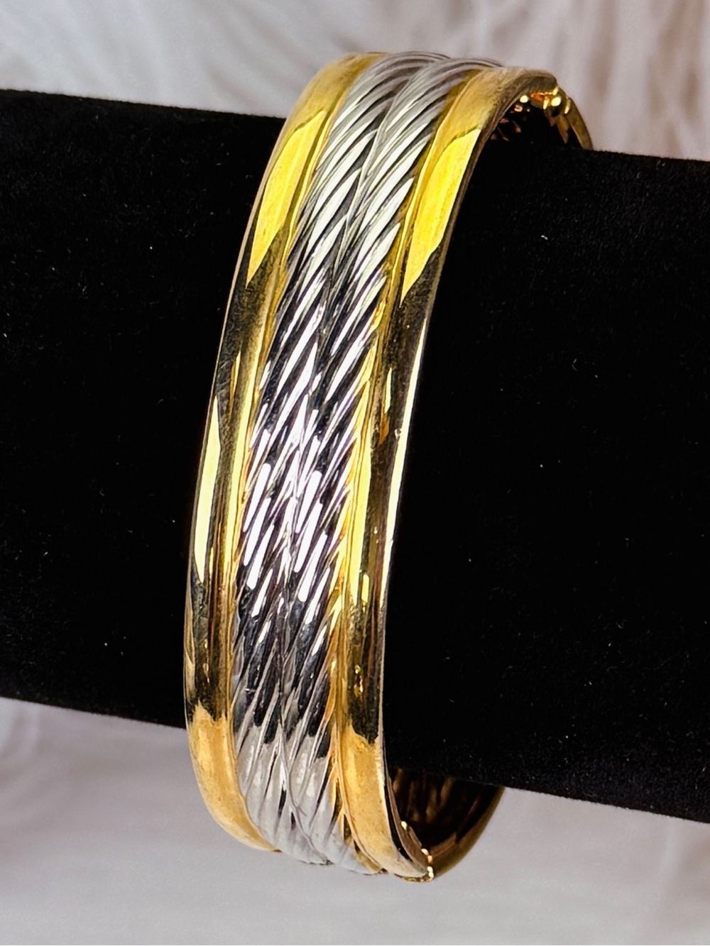Elegant Goldtone and Silvertone Hinged Bangle Bracelet